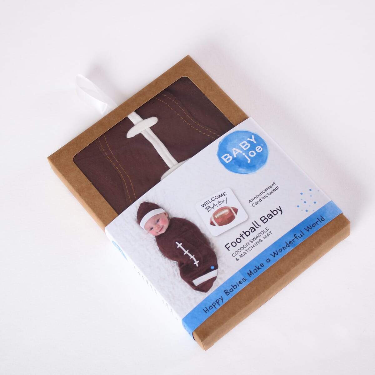 Baby cocoon swaddle set in football design with matching headpiece and announcement card in kraft box packaging